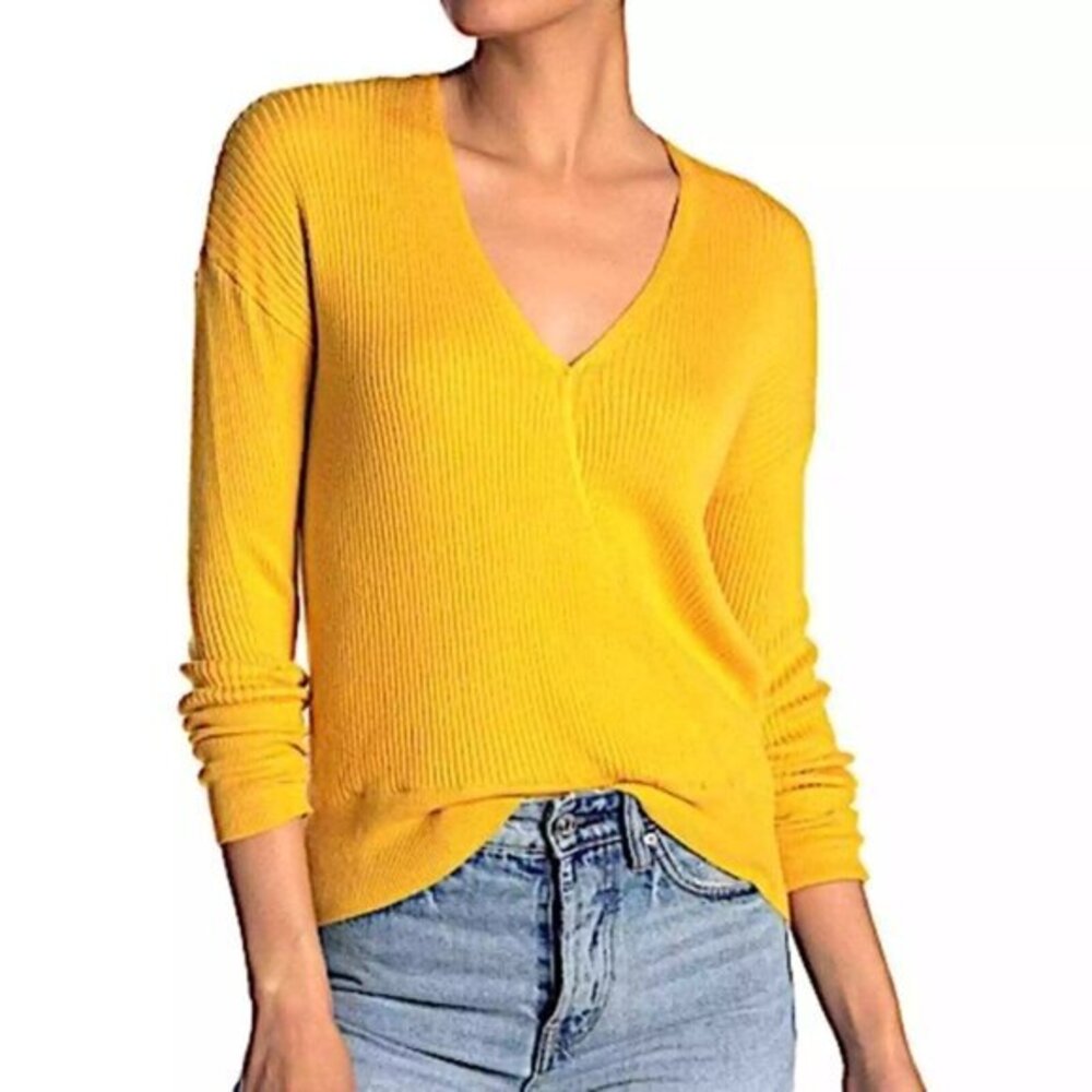 Elodie Faux Wrap Surplice Sweater Ribbed V Neck Knit top Mustad Yellow SZ XS New